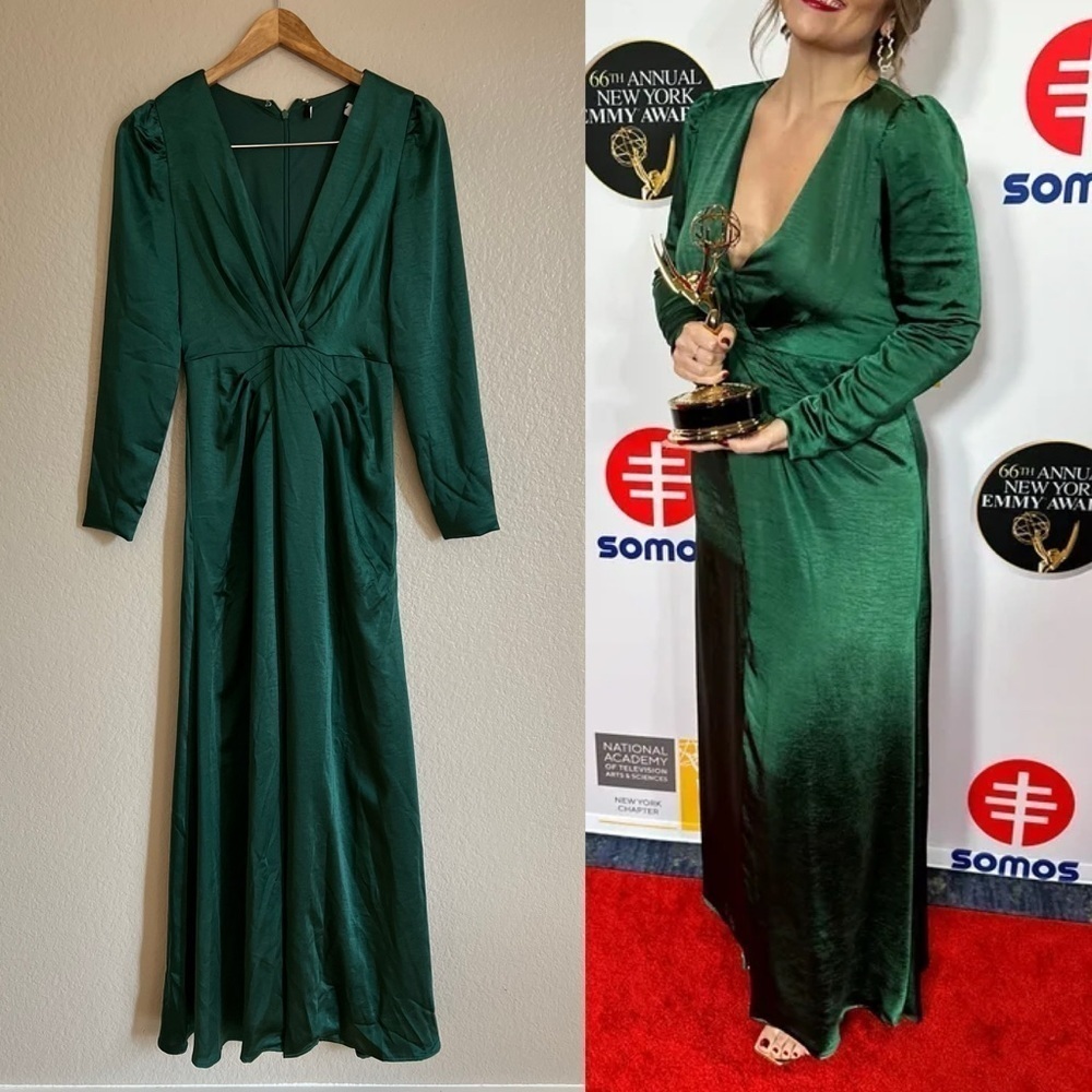 NWOT Endearing Elegance Emerald Green Satin Long Sleeve Maxi Dress